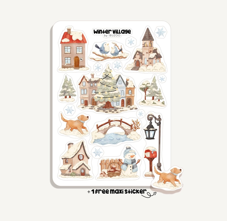 May include: A sticker sheet titled Winter Village by IBUZOO featuring watercolor illustrations of snow-covered houses, a decorated Christmas tree, a stone bridge, a snowman, a lamppost with a mailbox, two birds, and golden dogs in the snow.