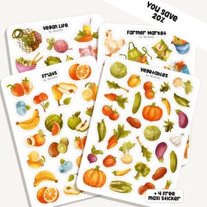 Obst & Gemüse Sticker Set - 2 Bögen Handgemachte Aufkleber Für Kochbuch, Journal & DIY
