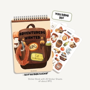 Op de afbeelding: Een stickerboek met een bruin rugzakontwerp met de tekst "ADVENTURERS WANTED" en "RPG". Bevat twee stickervellen met RPG-thema afbeeldingen en tekst. De tekst "You save 20%" is ook zichtbaar. Het boek is spiraalgebonden.