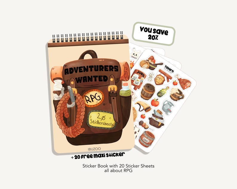 Op de afbeelding: Een stickerboek met een bruin rugzakontwerp met de tekst "ADVENTURERS WANTED" en "RPG". Bevat twee stickervellen met RPG-thema afbeeldingen en tekst. De tekst "You save 20%" is ook zichtbaar. Het boek is spiraalgebonden.