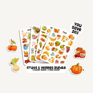 Ensemble d’autocollants Fruits et légumes | Autocollants fruits et légumes | 4 feuilles d'autocollants + 4 maxi autocollants | 96 autocollants | Bullet Journal - Planificateur