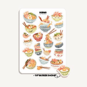Könnte beinhalten: Ein Stickerbogen mit Illustrationen von Ramen-Schalen, einschließlich Eiern, Garnelen und Gemüse. Der Bogen trägt den Text "Ramen by IBUZOO" und enthält einen Bonus-Aufkleber.