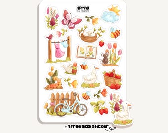 Peut inclure: Une planche d'autocollants intitulée spring by IBUZOO avec des illustrations de papillon, nid d'oiseau, abeilles, fleurs, linge sur fil, livre, souris, canard, vélo, clôture et fraises, avec un autocollant de canard supplémentaire.