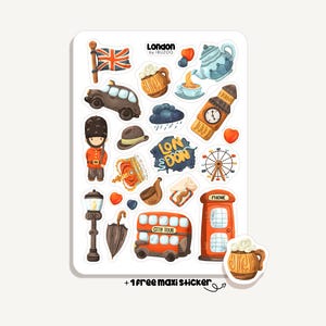 May include: A sticker sheet featuring London-themed illustrations including a Union Jack flag, a black taxi, a guard, a crown, a red double-decker bus, a phone booth, Big Ben, a ferris wheel, a teapot, and a street lamp with the text London by IBUZOO.
