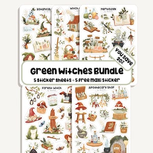 Groene Heksen Stickerset | 5 Stickervellen + 5 Maxi Stickers | Bullet Journal - Spreuken - Kruiden - Genezende Magie