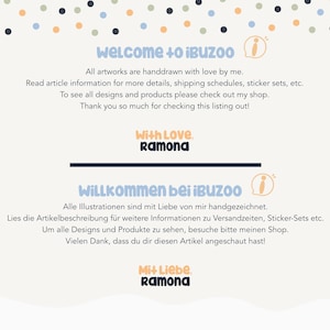 Op de afbeelding: Lichte achtergrond met kleurrijke stippen en tekst in het Engels en Duits. De tekst zegt "WELCOME + iBUZOO" en "WILLKOMMEN bei iBUZOO" met extra informatie over de winkel en de kunstenaar, Ramona.