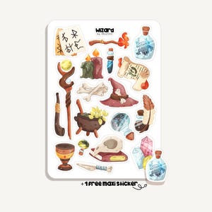 Op de afbeelding: Een stickervel met illustraties met een tovenaars thema. Inclusief een heksenhoed, drankflessen, een ketel, een rol, kristallen, een schedel en een toverstaf. De tekst "Wizard by iBUZOO" is zichtbaar. De tekst "+1 free maxi sticker" is ook aanwezig.
