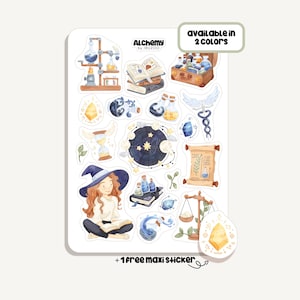 Könnte beinhalten: Ein Stickerbogen mit Aquarellillustrationen zum Thema Alchemie. Enthält eine Hexe, die ein Buch liest, Zaubertränke, einen Sternenhimmel und den Text "Alchemy by IBUZOO". Erhältlich in zwei Farben und mit einem kostenlosen Maxi-Sticker.