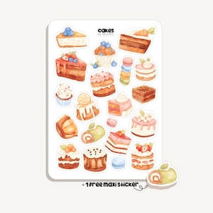 Peut inclure: Une planche d'autocollants avec des illustrations à l'aquarelle de gâteaux et de pâtisseries. La planche comprend des images de gâteaux à étages, de petits gâteaux et d'autres desserts, avec des garnitures comme des baies, des myrtilles et des tranches de citron. Le texte "cakes by IBUZOO" est visible.
