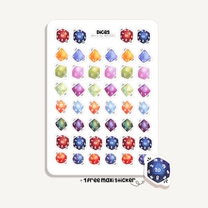 Könnte beinhalten: Ein Stickerbogen mit bunten, vielseitigen Würfeln in verschiedenen Farben, darunter Rot, Blau, Orange, Grün, Lila und Gelb. Der Text "Dices Minis by IBUZOO" steht oben. Enthält einen kostenlosen Maxi-Aufkleber.