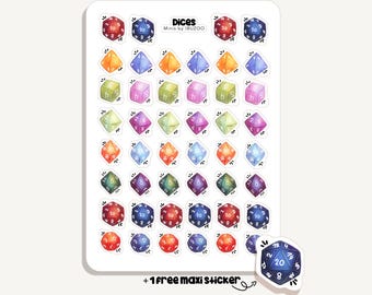 May include: A sticker sheet featuring colorful polyhedral dice in various colors, including red, blue, orange, green, purple, and yellow. The text "Dices Minis by IBUZOO" is at the top. Includes a free maxi sticker.