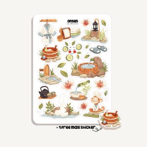 Könnte beinhalten: Ein Stickerbogen mit Illustrationen zum Thema Onsen. Designs umfassen ein Holzbad, einen Affen im Bademantel, eine Teekanne und eine Laterne. Der Text "onsen by IBUZOO" ist sichtbar. Enthält eine "+1 gratis Maxi-Sticker" Aktion.