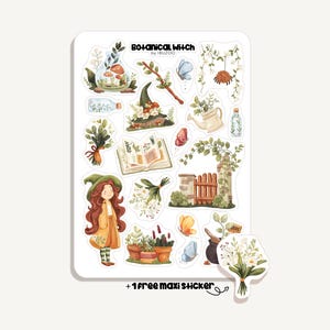 May include: A sticker sheet featuring a botanical witch theme with various illustrations. The sheet includes images of mushrooms, butterflies, a witch, a book, flowers, and a watering can. The text "Botanical Witch" is visible at the top. Includes a free maxi sticker.