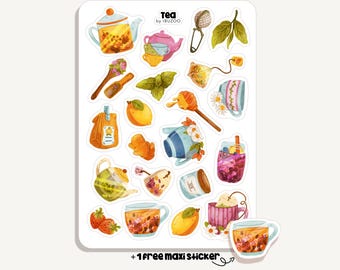 Könnte beinhalten: Ein Stickerbogen mit Illustrationen zum Thema Tee. Enthält Teekannen, Teetassen, Zitronen, Honig, Teeblätter und den Text "tea by IBUZOO". Der Bogen enthält auch einen Bonus-Aufkleber.