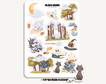 May include: A sticker sheet featuring various Halloween-themed illustrations. Includes a crescent moon, witch hat, trees, a skull on books, a black cat, and the text "Black Magic by IBUZOO".