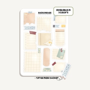 Puede incluir: Una hoja de pegatinas con varias notas adhesivas en beige, azul y rosa. La hoja incluye diferentes formas y tamaños de notas, algunas con líneas de cuadrícula. El texto en la hoja dice "STICKY NOTES Essentials by IBUZOO" y "available in 3 colores".