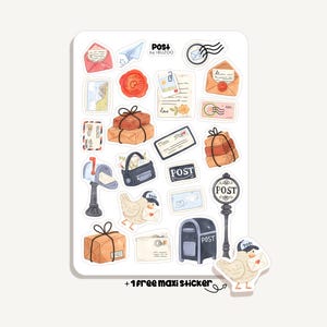 May include: A sticker sheet with postal-themed illustrations. Designs include envelopes, packages, mailboxes, a paper aeroplane, and a chicken wearing a postal worker hat. The text "POST" and "POS+ by IBUZOO" are visible.