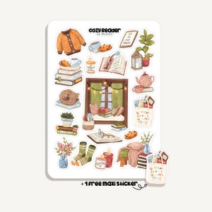 Op de afbeelding: Een stickervel met illustraties over lezen. Bevat een trui, boeken, een kat, een raamscène, een theepot en de tekst "cozy Reader by IBUZOO". Bevat ook de tekst "SO MAN Books so Little TIME" en "+1 free maxi sticker".