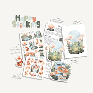 Könnte beinhalten: Eine Sammlung von Aufklebern und Kunstdrucken mit einem Koi-Teich-Thema. Die Aufkleber zeigen Koi-Fische, einen Frosch und ein Boot. Der Kunstdruck zeigt einen Frosch auf einer Seerose. Der Text "Happy Sticking" ist sichtbar.