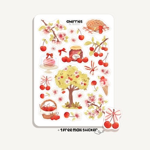 Könnte beinhalten: Ein Stickerbogen mit Illustrationen zum Thema Kirschen. Designs umfassen einen Kirschbaum, Kuchen, Eis, ein Glas Marmelade und einen Korb mit Kirschen. Der Text "cherries by IBUZOO" ist sichtbar, zusammen mit "+1 free maxi sticker."
