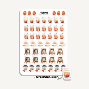 Puede incluir: Una hoja de pegatinas con ilustraciones de acuarela con temática de café. La hoja incluye imágenes de granos de café, café helado, tazas de café, letreros de cafeterías y bebidas de café. También se ve el texto "coffee" y "Minis by IBUZOO".