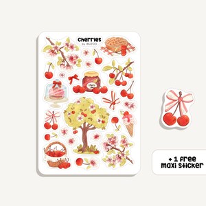 Foglio di adesivi Ciliegie | Ciliegie adesive | Bullet Journal - Scrapbook - Planner - Decorazione - Natura - Cibo - Fiori di ciliegio