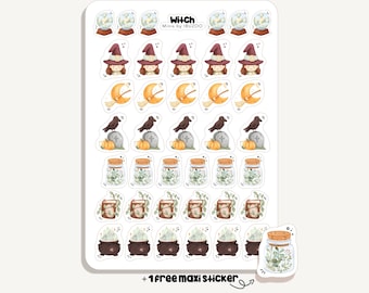 May include: A sheet of Witch-themed stickers featuring various Halloween designs. The stickers include snow globes, witch characters, crescent moons, pumpkins, ravens, potion jars, and cauldrons. The text "Witch Minis by IBUZOO" is visible.