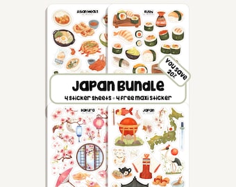Japanse stickerset | Japanse stickers | 4 vellen + maxi stickers | Bullet Journal - Planner - Decoratie - Sushi - Reizen