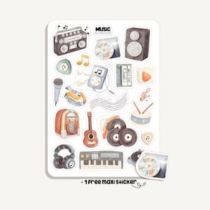 Könnte beinhalten: Ein Stickerbogen mit verschiedenen musikbezogenen Illustrationen, darunter ein Ghettoblaster, Kopfhörer, eine Gitarre, ein Keyboard, ein Mikrofon, Schallplatten, eine Kassette, eine Jukebox und CDs mit dem Text MUSIC by IBUZOO und + 1 FREE MAXI STICKER.