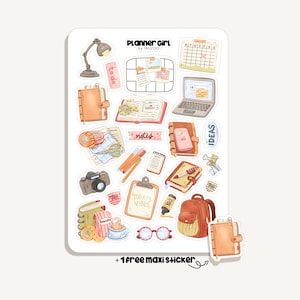May include: A sticker sheet with planner-themed illustrations, including a desk lamp, notebooks, a laptop, and a camera. The text "Planner Girl by IBUZOO" and "Today's Vibes" are visible. Also includes the text "+1 free maxi sticker".