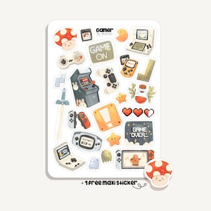Könnte beinhalten: Ein Stickerbogen mit Illustrationen zum Thema Videospiele. Designs umfassen einen Pilz, Gamecontroller, einen Spielautomaten und den Text "GAME ON". Der Bogen enthält auch den Text "Gamer by IBUZOO".