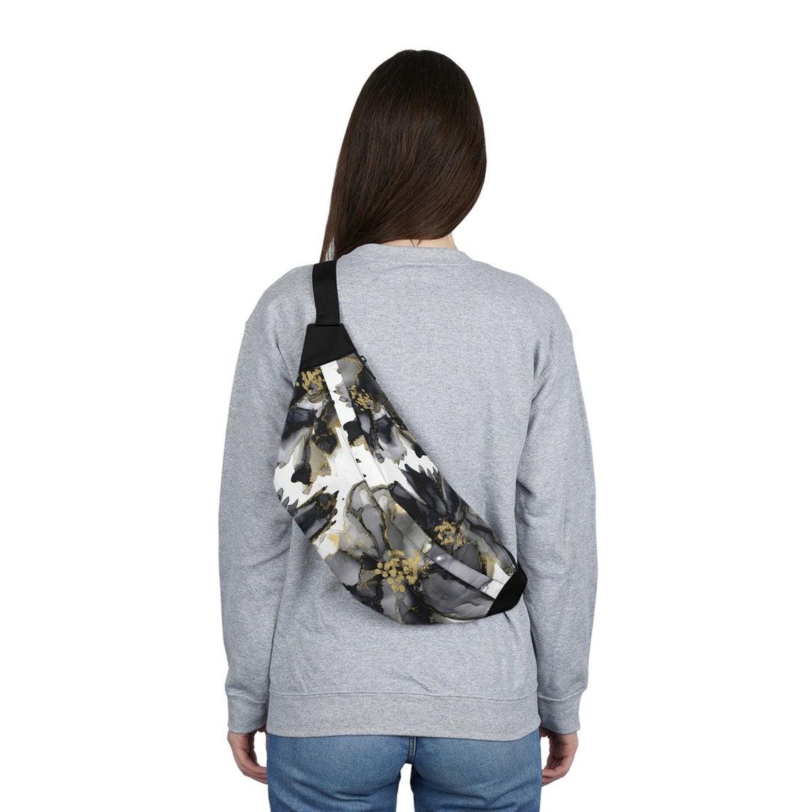 Black and White Flower Fanny Pack Gold Accents Travel Bag Etsy
