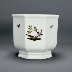 May include: White ceramic planter, octagonal with a pedestal base. It features a detailed illustration of birds on branches with green leaves. A butterfly and an insect are also depicted on the planter's surface.
