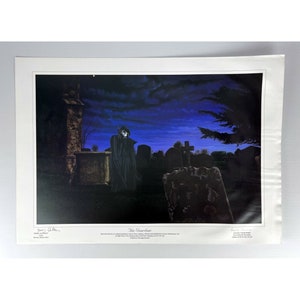 May include: A dark, atmospheric print of a figure in a black cloak standing in a graveyard at night. The print is titled "The Sleepless" and is signed by the artist, Danny O'Connor.