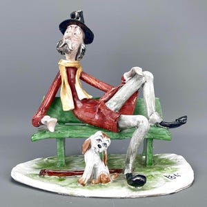 Vintage Vietri Artisan Pottery (Italy) OLD MAN & DOG - 19cm x 12cm x 17.5cm - 591gram