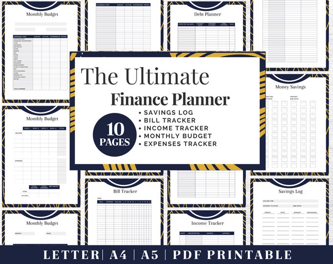 Finance Planner Printable | Blue and Yellow Budget Tracker | Digital Download | Printable Planner | US Letter, A4, A5 Journal Template | PDF