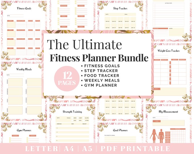 Fitness Planner Printable | Pink Healthy Habits Tracker | Digital Download | Printable Planner | US Letter, A4, A5 Journal Template | PDF