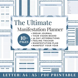 Diario de manifiesto imprimible / Planificador de gratitud azul / Descarga digital / Planificador imprimible / Plantilla de diario en formato carta de EE. UU., A4, A5 / PDF