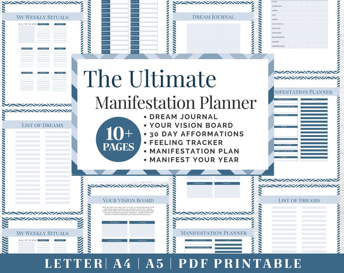 Manifest Journal Printable | Blue Gratitude Planner | Digital Download | Printable Planner | US Letter, A4, A5 Journal Template | PDF