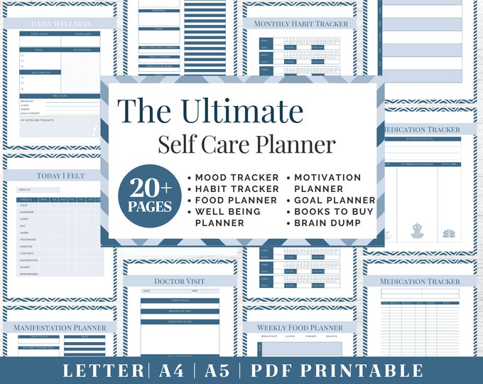 Self-Care Journal Printable | Blue Wellness Planner | Digital Download | Printable Planner | US Letter, A4, A5 Journal Template | PDF