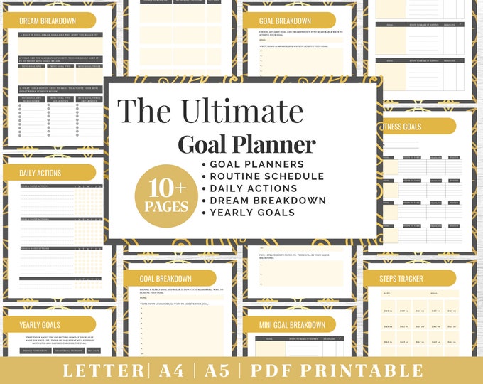 Goals Planner Printable | Gold Productivity Tracker | Digital Download | Printable Planner | US Letter, A4, A5 Journal Template | PDF