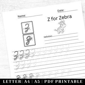May include: Black and white printable worksheet for learning the letter Z. The worksheet features a zebra illustration, the letter Z in a box, and dotted lines for tracing the letter Z.