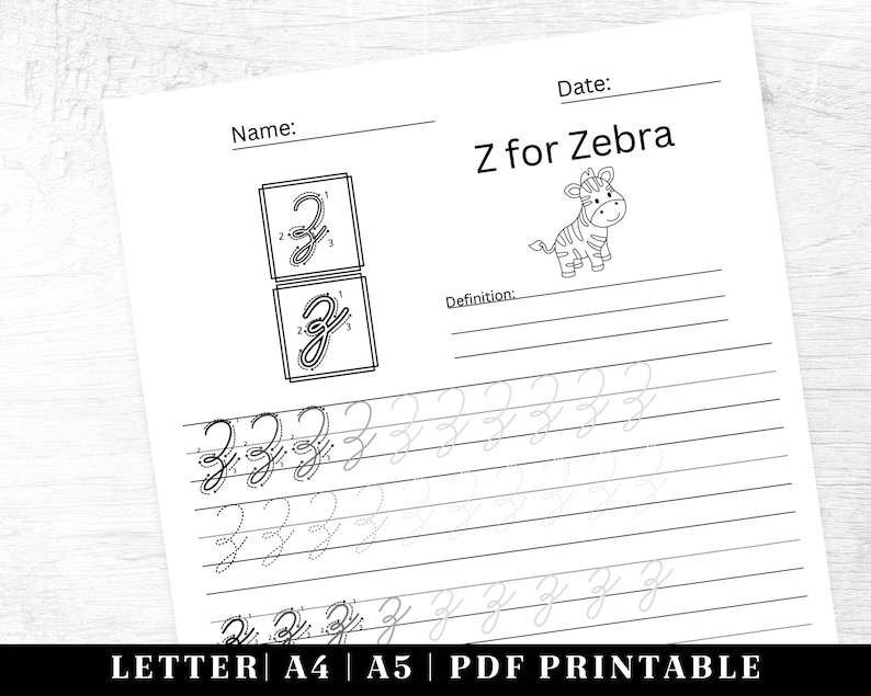 May include: Black and white printable worksheet for learning the letter Z. The worksheet features a zebra illustration, the letter Z in a box, and dotted lines for tracing the letter Z.