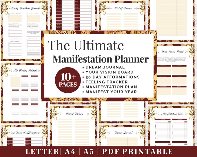 Manifest Journal Printable | Red & Gold Gratitude Planner | Digital Download | Printable Planner | US Letter, A4, A5 Journal Template | PDF