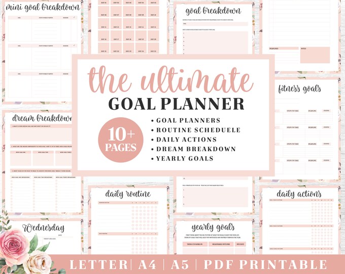 Goals Planner Printable | Pink Productivity Tracker | Digital Download | Printable Planner | US Letter, A4, A5 Journal Template | PDF