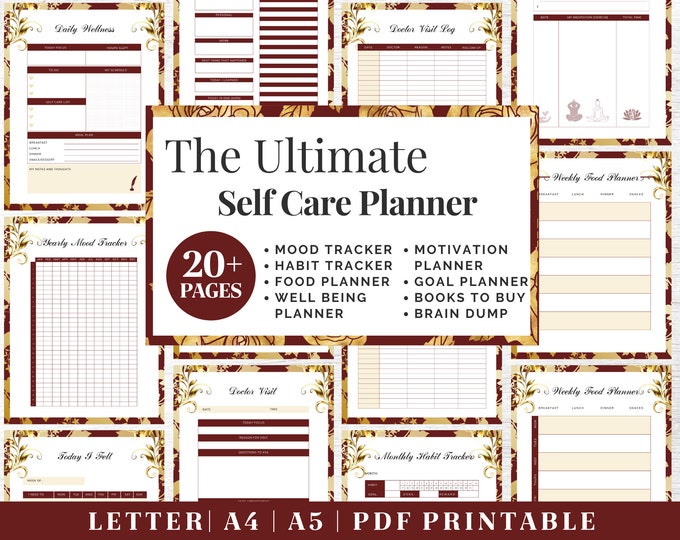 Self-Care Journal Printable | Red & Gold Wellness Planner | Digital Download | Printable Planner | US Letter, A4, A5 Journal Template | PDF