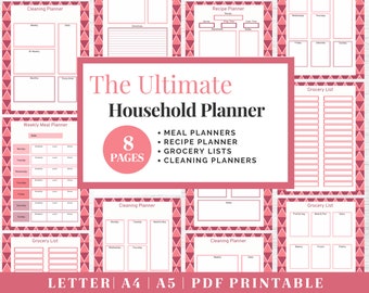 May include: A printable planner with a pink and white color scheme. The planner includes 8 pages with meal planners, recipe planners, grocery lists, and cleaning planners. The text "The Ultimate Household Planner" is featured in a large font.