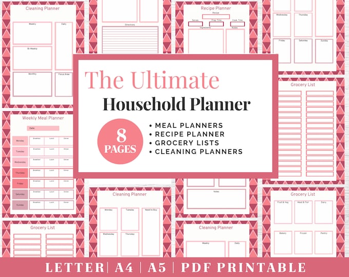 Printable Household Planner | Home Planner | To Do List Planner | Family Planner | Meal Planner | Cleaning Planner | Grocery & Shopping List