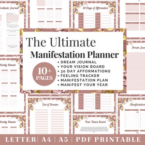 Diario de manifestación imprimible / Planificador de gratitud en oro rosa / Descarga digital / Planificador imprimible / Plantilla de diario en tamaño carta, A4 y A5 de EE. UU. / PDF