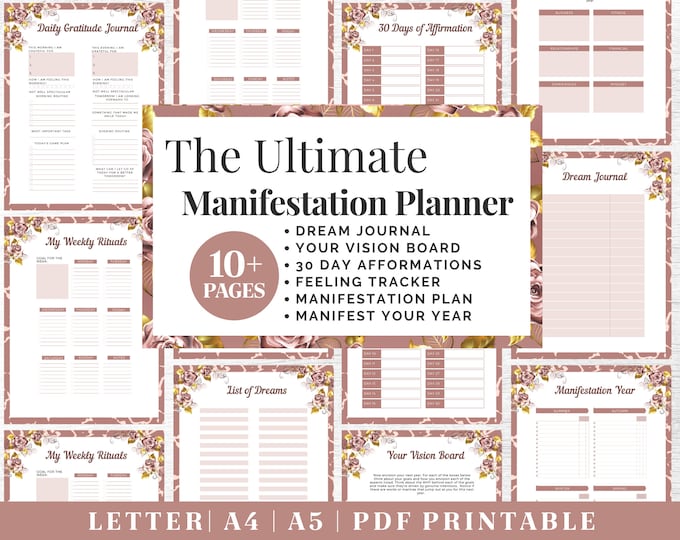 Manifest Journal Printable | Rose Gold Gratitude Planner | Digital Download | Printable Planner | US Letter, A4, A5 Journal Template | PDF